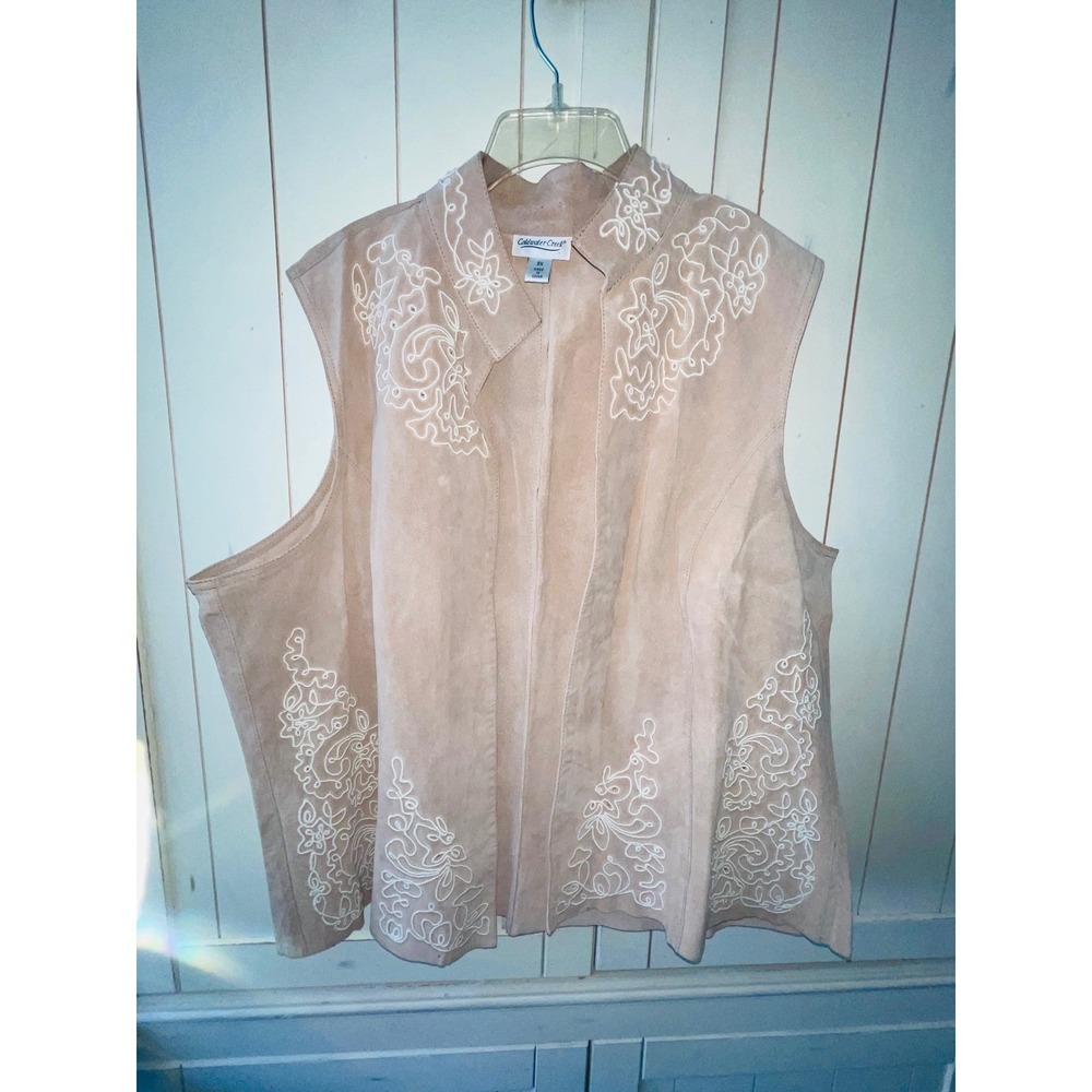 Coldwater Creek Tan Suede Vest 3X Western Southwest Embroidery Open Front